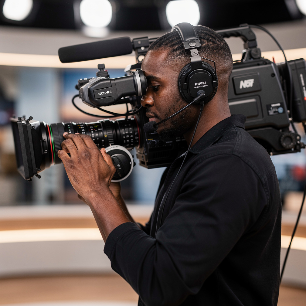 Camera operator filming with a professional broadcast camera on a shoulder rig