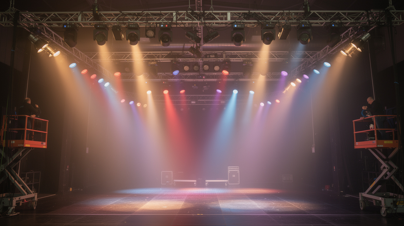 Overhead stage lighting rig with colorful spotlights before a live show