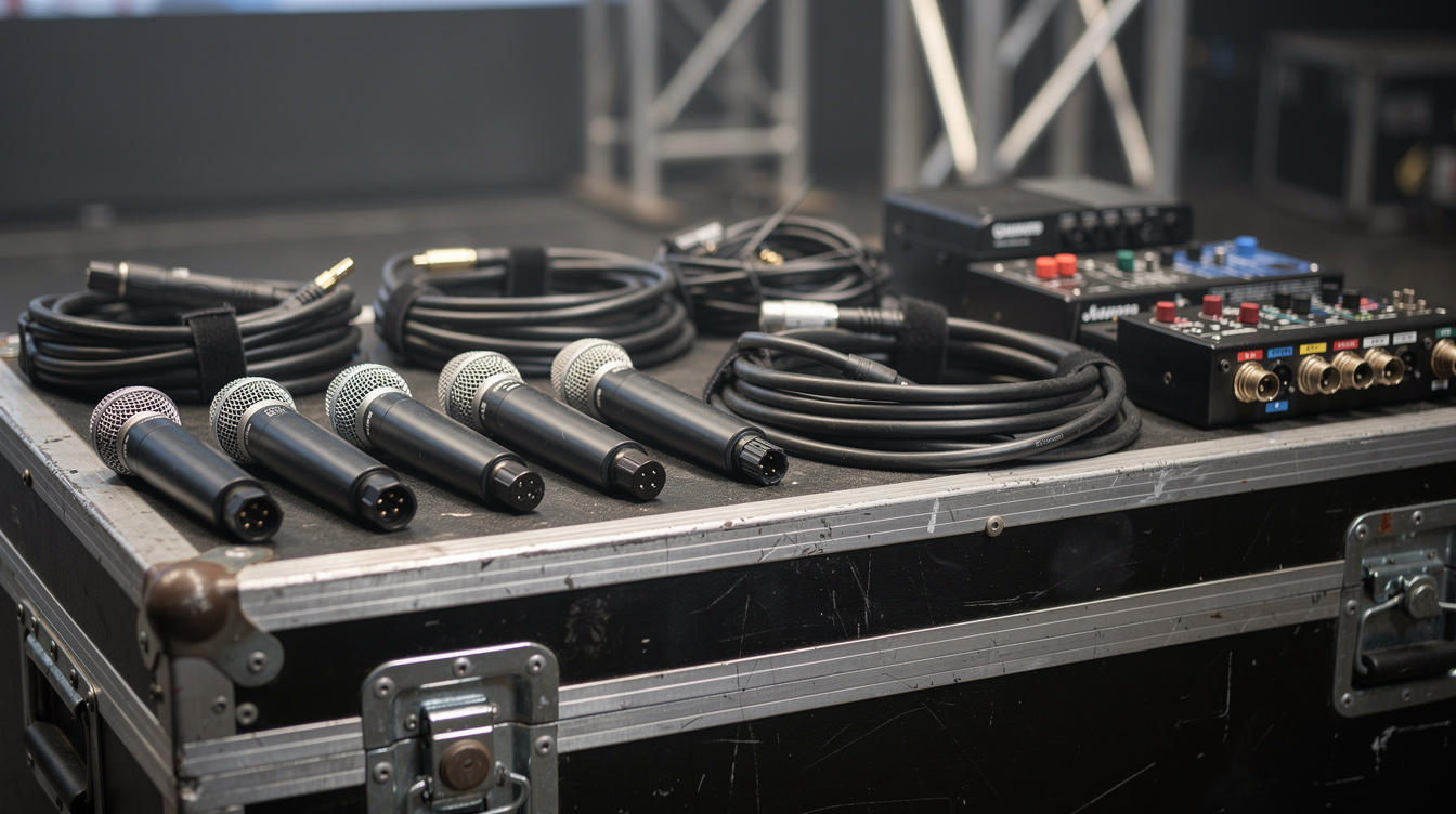 Sound engineer preparing microphones and cables before a live event