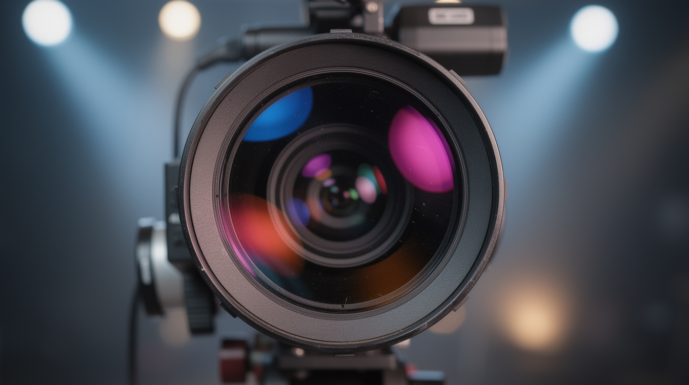 Close up of a professional camera lens with lighting reflections