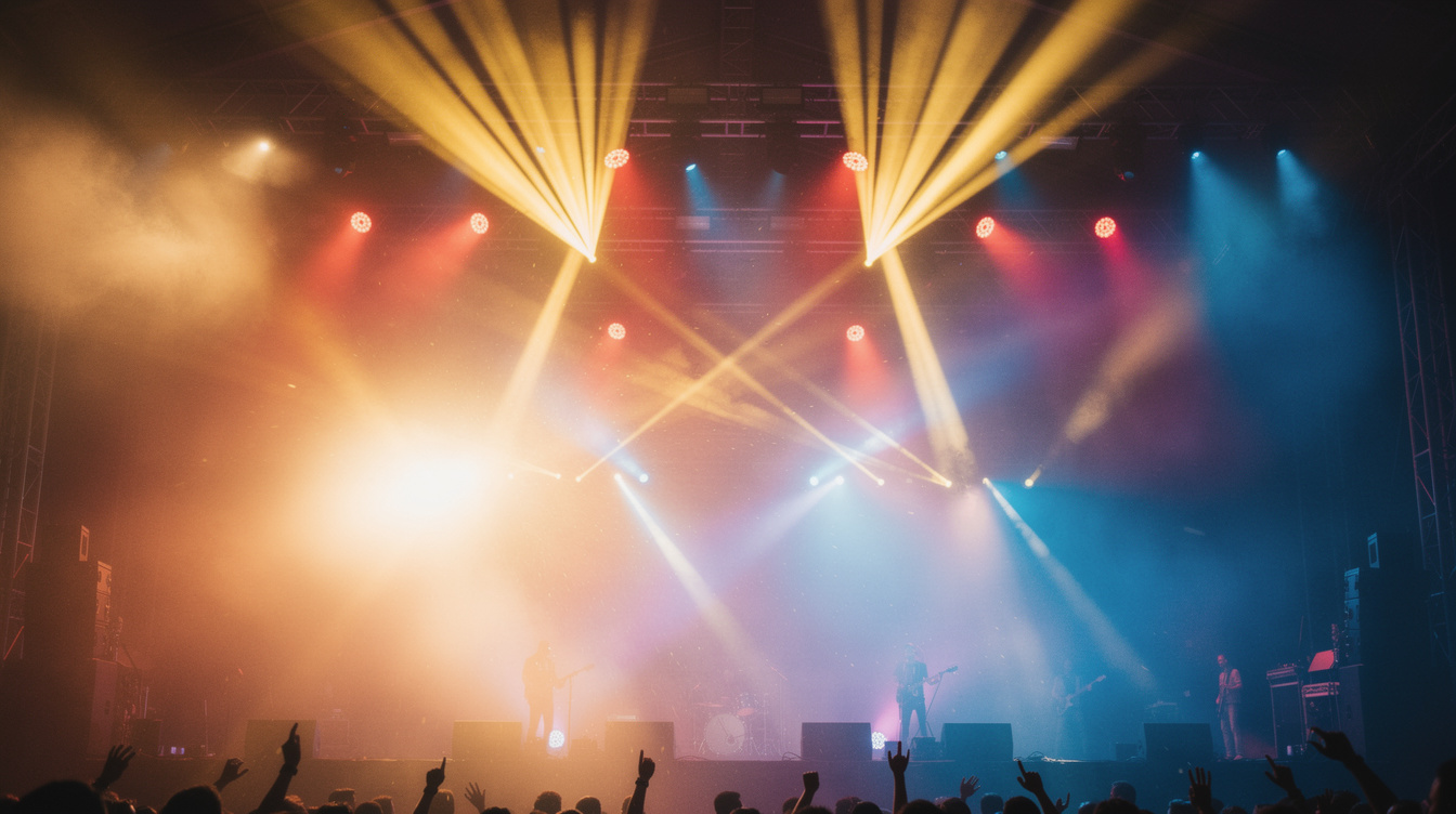 Colorful concert stage lights beaming through haze during a show