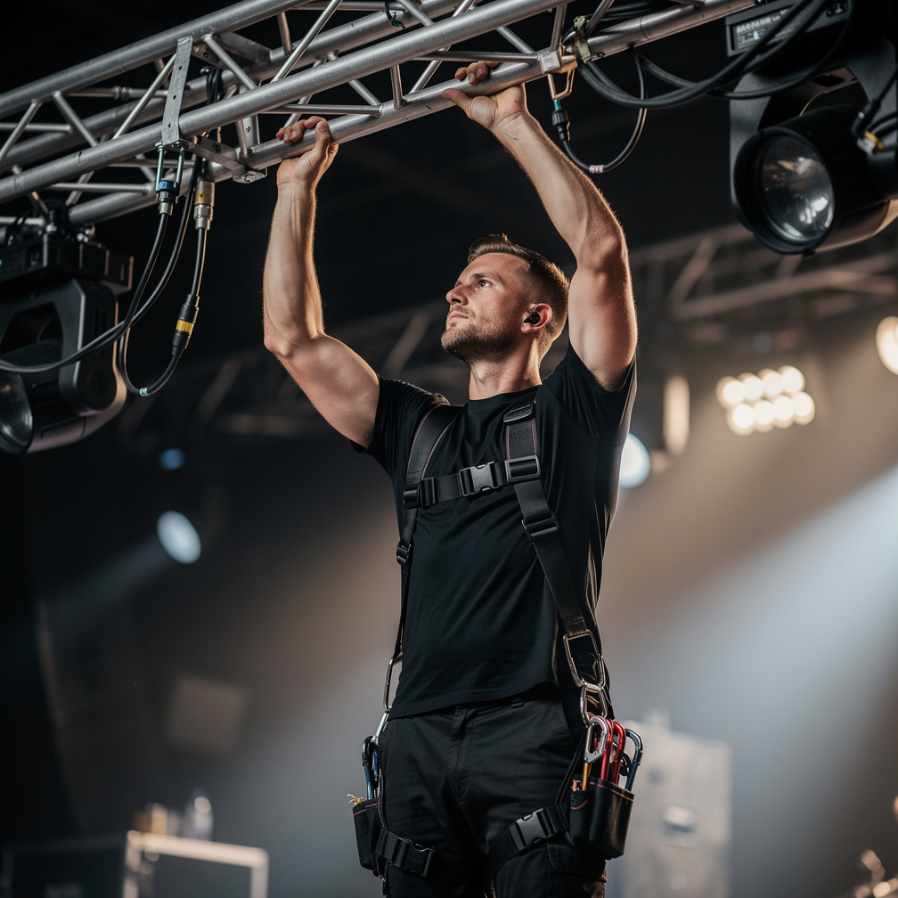Stage crew member adjusting rigging equipment above a concert stage