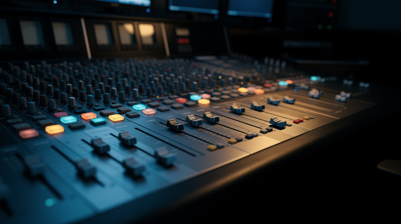 Audio mixing console with sliders and glowing buttons in a control room