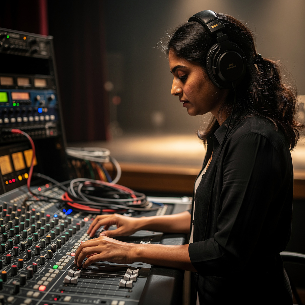 Audio engineer wearing headphones adjusting a sound mixing board