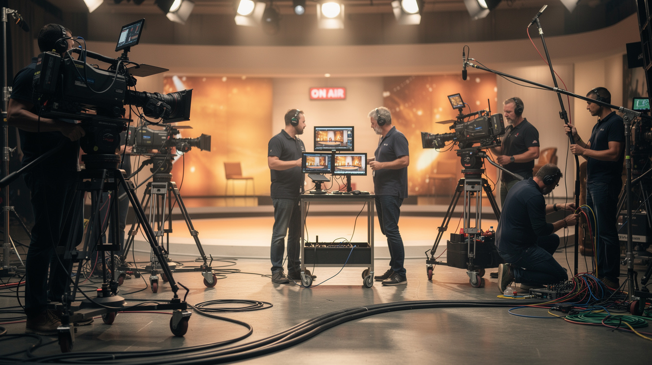 Behind the scenes view of a live television show production floor