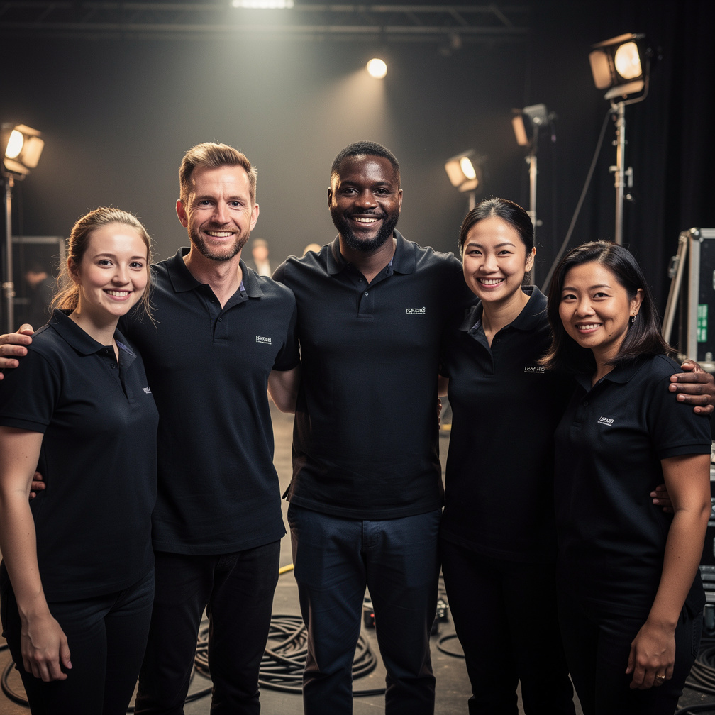 Diverse production crew team smiling together backstage