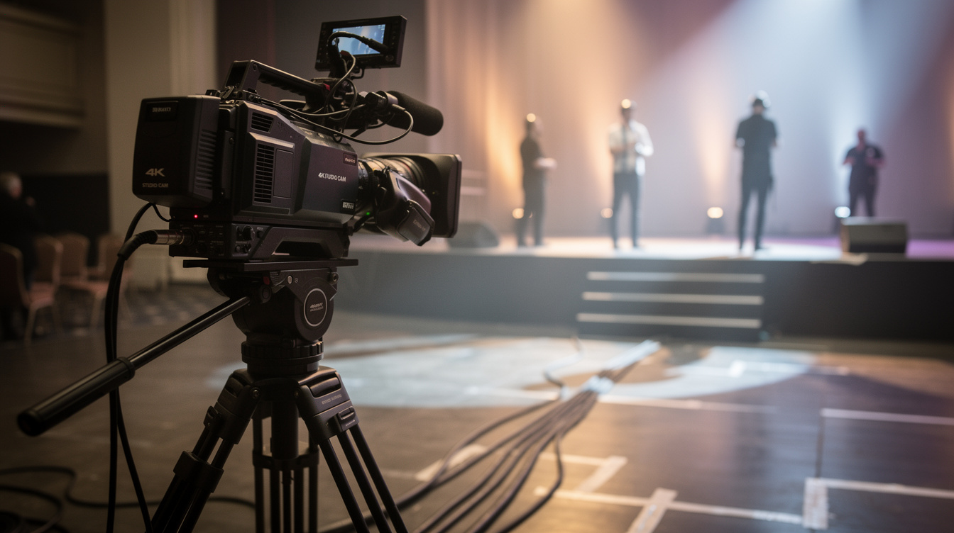 Video camera mounted on a tripod pointed at an event stage